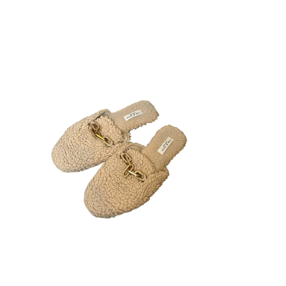 Rag & Bone Beige Fleece Borg Mules Gold Chain Link Loafer Slides Size 37 EU‎